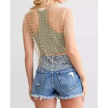 Cioatin Women Rhinestone Pearl Sheer Mesh Short Sleeve Sparkle Tops Y2K Sequin Beaded Crop Top Glitter See Through Shirt