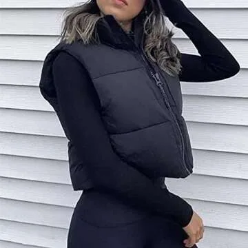 Hixiaohe Women's Winter Crop Vest Puffer Lightweight Stand Collar Padded Vest Zip Up Sleeveless Jacket(Black,M)