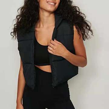 Hixiaohe Women's Winter Crop Vest Puffer Lightweight Stand Collar Padded Vest Zip Up Sleeveless Jacket(Black,M)