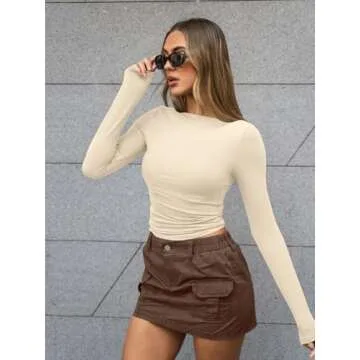 Trendy Queen Women's Boat Neck Tops Long Sleeve Shirts Casual Fitted Tee Shirts Solid Color Fall Basic Clothes Apricot S