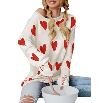 Stylish Off Shoulder Heart Printed Sweater for Women