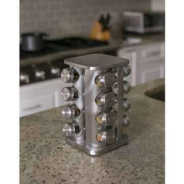 INTERNET'S BEST Revolving Spice Rack - Seasoning Storage with 16 Jars - Modern Stainless Steel Spinning Tower for Kitchen Countertop - Rotating Spice and Pantry Holder with Pre-Printed Labels - Sqaure