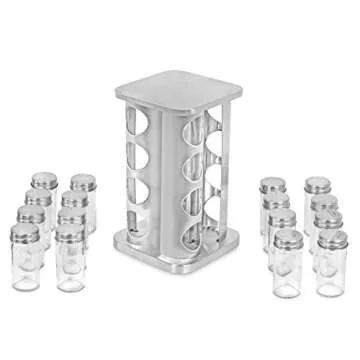 INTERNET'S BEST Revolving Spice Rack - Seasoning Storage with 16 Jars - Modern Stainless Steel Spinning Tower for Kitchen Countertop - Rotating Spice and Pantry Holder with Pre-Printed Labels - Sqaure