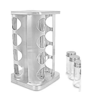 INTERNET'S BEST Revolving Spice Rack - Seasoning Storage with 16 Jars - Modern Stainless Steel Spinning Tower for Kitchen Countertop - Rotating Spice and Pantry Holder with Pre-Printed Labels - Sqaure