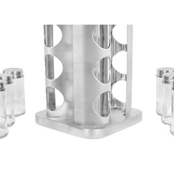 INTERNET'S BEST Revolving Spice Rack - Seasoning Storage with 16 Jars - Modern Stainless Steel Spinning Tower for Kitchen Countertop - Rotating Spice and Pantry Holder with Pre-Printed Labels - Sqaure
