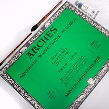 Arches Watercolor Block 12x16-inch Natural White 100% Cotton Paper - 20 Sheets of Arches Watercolor ...