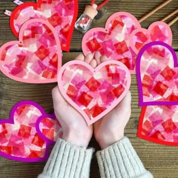 Motipuns 32 Sets Valentine's Day Suncatchers Paper Craft Set DIY Heart Shaped Window Stained Glass E...