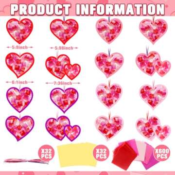 Motipuns 32 Sets Valentine's Day Suncatchers Paper Craft Set DIY Heart Shaped Window Stained Glass Effect Paper Art Kit for Valentines Mother's Day Art Projects Party Favors(Classic Style)