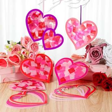 Motipuns 32 Sets Valentine's Day Suncatchers Paper Craft Set DIY Heart Shaped Window Stained Glass Effect Paper Art Kit for Valentines Mother's Day Art Projects Party Favors(Classic Style)