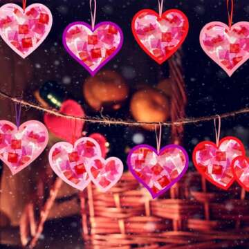 Motipuns 32 Sets Valentine's Day Suncatchers Paper Craft Set DIY Heart Shaped Window Stained Glass Effect Paper Art Kit for Valentines Mother's Day Art Projects Party Favors(Classic Style)