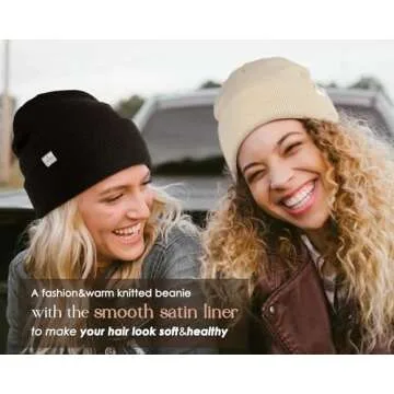 YANIBEST Womens Satin Lined Knit Beanie Hat Acrylic Winter Hats for Women Men Silk Lining Soft Slouchy Warm Cuffed Beanie Hat Beige