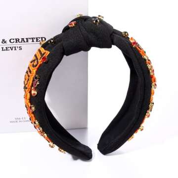 CEALXHENY Halloween Headbands for Women Halloween Accessories Beaded Boo Trick or Treat Knotted Headband Embellished Rhinestone Pearl Top Knot Headbands Halloween Costume Party Hair Accessory