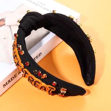 CEALXHENY Halloween Headbands for Women Halloween Accessories Beaded Boo Trick or Treat Knotted Headband Embellished Rhinestone Pearl Top Knot Headbands Halloween Costume Party Hair Accessory
