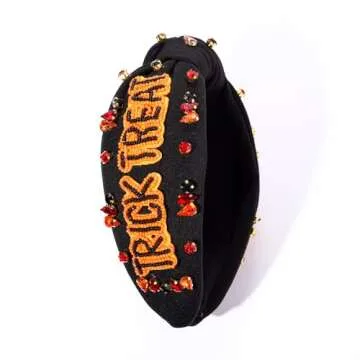 CEALXHENY Halloween Headbands for Women Halloween Accessories Beaded Boo Trick or Treat Knotted Headband Embellished Rhinestone Pearl Top Knot Headbands Halloween Costume Party Hair Accessory