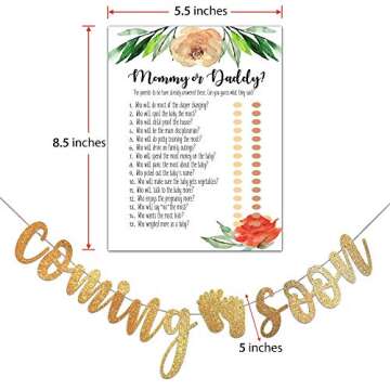 Baby Shower Games Bundle with "Coming Soon" Gold Glitter Banner | Set of 4 Activities | 50 Sheets Each | Emoji Pictionary | Baby Name Race | Mommy or Daddy | Baby Predictions & Advice | 8.5" x 5.5"