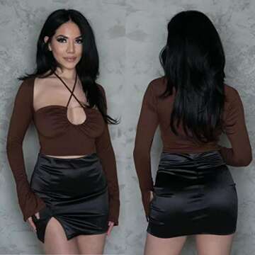 KERPELLY Women's Sexy Halter Criss Cross Tie Up Crop Top Long Sleeve Cut Out T Shirt