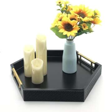 Serving Tray with Polished Metal Handles, Hexagon Coffee Table Tray, Modern Rectangle Decorative Tray, Large Ottoman Tray, Perfect for Storage and Display