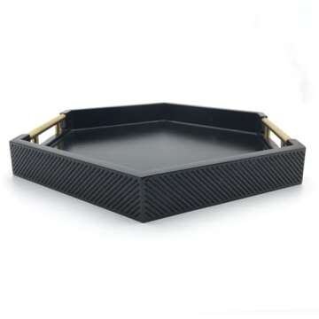 Serving Tray with Polished Metal Handles, Hexagon Coffee Table Tray, Modern Rectangle Decorative Tray, Large Ottoman Tray, Perfect for Storage and Display