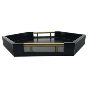 Serving Tray with Polished Metal Handles, Hexagon Coffee Table Tray, Modern Rectangle Decorative Tray, Large Ottoman Tray, Perfect for Storage and Display