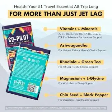 Travel Supplement: Jet Lag Prevention + Immunity, Energy, Digestion Support, Better Sleep & Mood with Chia, Ashwagandha, Rhodiola, D3+ | Vegetarian, 60 Count