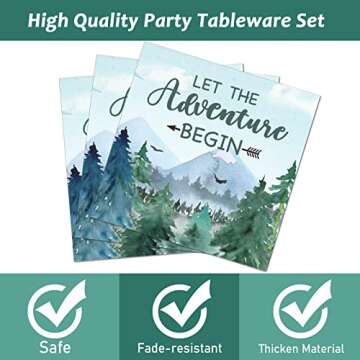 Adventure Awaits Baby Shower Tableware Let The Adventure Begin Plates Pine Tree Mountain Wilderness Dinnerware Disposable Paper Dinnerware For Baby Shower Birthday Party Decor Supplies 24 Guests