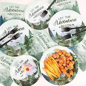 Adventure Awaits Baby Shower Tableware Let The Adventure Begin Plates Pine Tree Mountain Wilderness Dinnerware Disposable Paper Dinnerware For Baby Shower Birthday Party Decor Supplies 24 Guests