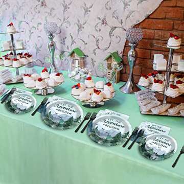 Adventure Awaits Baby Shower Tableware Let The Adventure Begin Plates Pine Tree Mountain Wilderness Dinnerware Disposable Paper Dinnerware For Baby Shower Birthday Party Decor Supplies 24 Guests