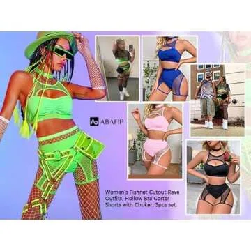 Women's Rave Outfits Cutout Fishnet Top High Waisted Booty Shorts Bottom Choker 3 Pieces Babydoll Lingerie Nightwear Festival Clothes Fluorescent Green X-Large