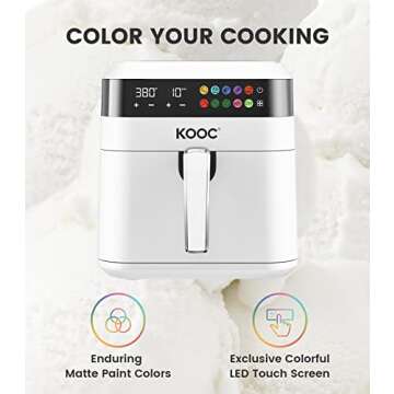 [NEW LANUCH] KOOC XL Large Air Fryer, 6.5 Quart Electric Air Fryer Oven, Free Cheat Sheet for Quick Reference, 1700W, LED Touch Digital Screen, 10 in 1, Customized Temp/Time, Nonstick Basket, White
