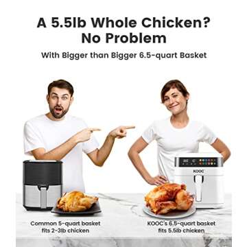 [NEW LANUCH] KOOC XL Large Air Fryer, 6.5 Quart Electric Air Fryer Oven, Free Cheat Sheet for Quick Reference, 1700W, LED Touch Digital Screen, 10 in 1, Customized Temp/Time, Nonstick Basket, White