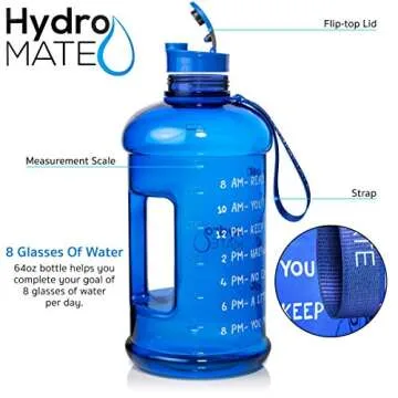 NatureWorks HydroMATE Half Gallon Water Bottle with Times to Drink BPA Free Leak Proof Reusable Jug with Handle 64 oz
