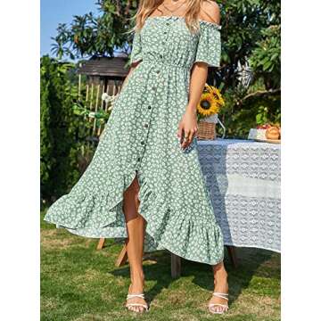 CUPSHE Dress for Women Maxi Dresses Off Shoulder Ditsy Floral Print Short Sleeve Frill A Line Dress