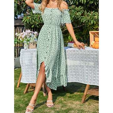 CUPSHE Dress for Women Maxi Dresses Off Shoulder Ditsy Floral Print Short Sleeve Frill A Line Dress