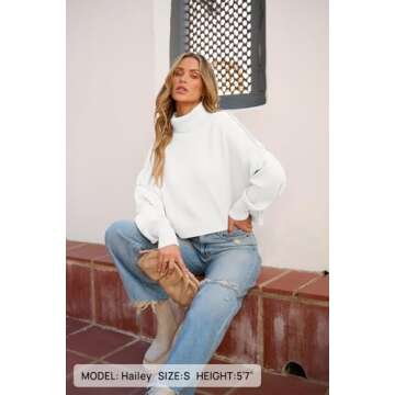 MEROKEETY Women's 2024 Turtleneck Cropped Sweater Casual Lantern Sleeve Oversized Knitted Pullover Fall Outfit White S