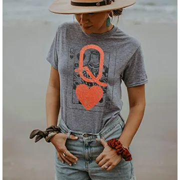 Q of Hearts T-Shirt Women Vintage Country Music Graphic Tee Casual Letters Print Short Sleeve Tops (Grey, Medium)