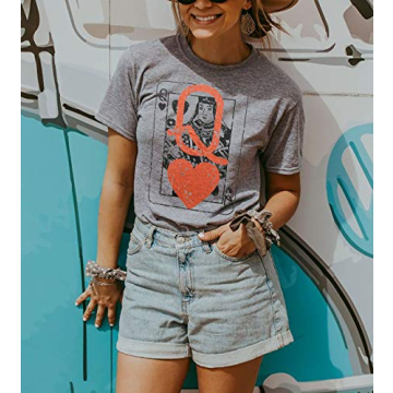 Q of Hearts T-Shirt Women Vintage Country Music Graphic Tee Casual Letters Print Short Sleeve Tops (Grey, Medium)