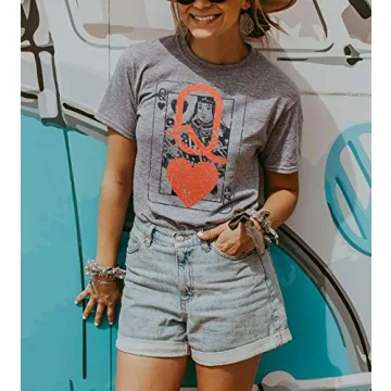 Q of Hearts T-Shirt Women Vintage Country Music Graphic Tee Casual Letters Print Short Sleeve Tops (Grey, Medium)