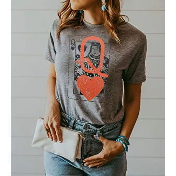 Q of Hearts T-Shirt Women Vintage Country Music Graphic Tee Casual Letters Print Short Sleeve Tops (Grey, Medium)