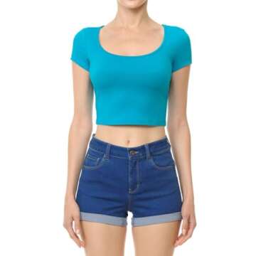 Women's Cotton Basic Scoop Neck Crop Tops Short Sleeve Tops