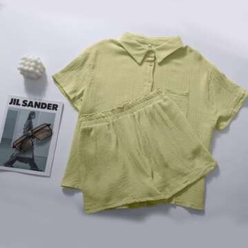 Flygo Womens Casual 2 Piece Outfits Cotton Linen Sets Button Down Shirt Shorts Resort Wear 2024 Pajama Beach Set(LightGreen-XL)
