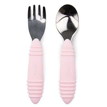 Bumkins Toddler Utensils, Kids Size Fork and Spoon Set, Silicone and Stainless-Steel Training Silver...