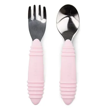 Bumkins Toddler Utensils, Kids Size Fork and Spoon Set, Silicone and Stainless-Steel Training Silver...
