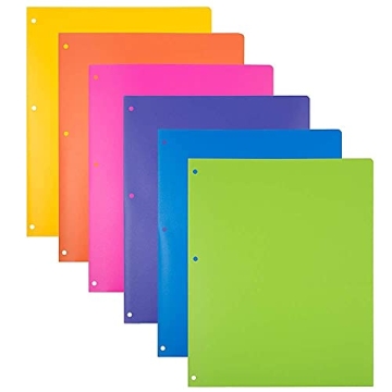 Heavy Duty Plastic 3 Hole Punch Folders 6 Pack Assorted Colors