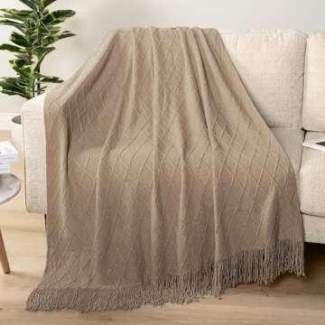 PAVILIA Tan Taupe Knit Throw Blanket for Couch Bed, Soft Knitted Farmhouse Sofa Throw for Living Roo...