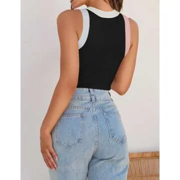 ZESICA Womens Summer Sleeveless Tank Tops Ribbed High Neck Racerback Slim Fitted Color Block Casual Shirts,Black,Medium