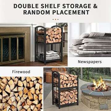 Mr IRONSTONE Firewood Rack with Fireplace Tools Set, Fireplace Tool Rack for Indoor Outdoor Fire Log Holder Wrought Iron Large Wood Stove with Firepit Tools, Brush, Shovel, Poker, Tongs, Black