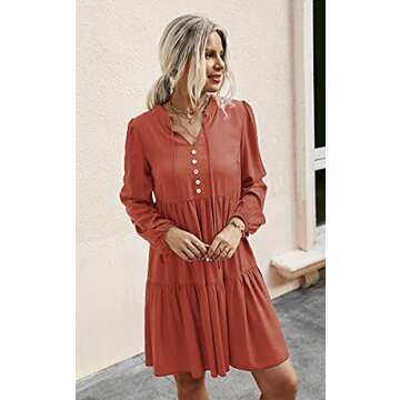 ECOWISH Women V Neck Puff Long Sleeve Dress Solid Loose Swing Pleated Shift Casual Tunic Dresses Orange Medium