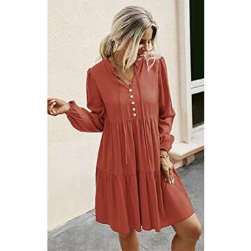 ECOWISH Women V Neck Puff Long Sleeve Dress Solid Loose Swing Pleated Shift Casual Tunic Dresses Orange Medium