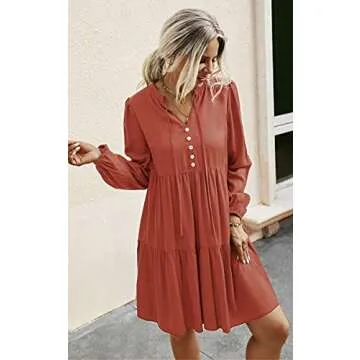 ECOWISH Women V Neck Puff Long Sleeve Dress Solid Loose Swing Pleated Shift Casual Tunic Dresses Orange Medium