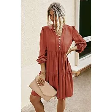 ECOWISH Women V Neck Puff Long Sleeve Dress Solid Loose Swing Pleated Shift Casual Tunic Dresses Orange Medium